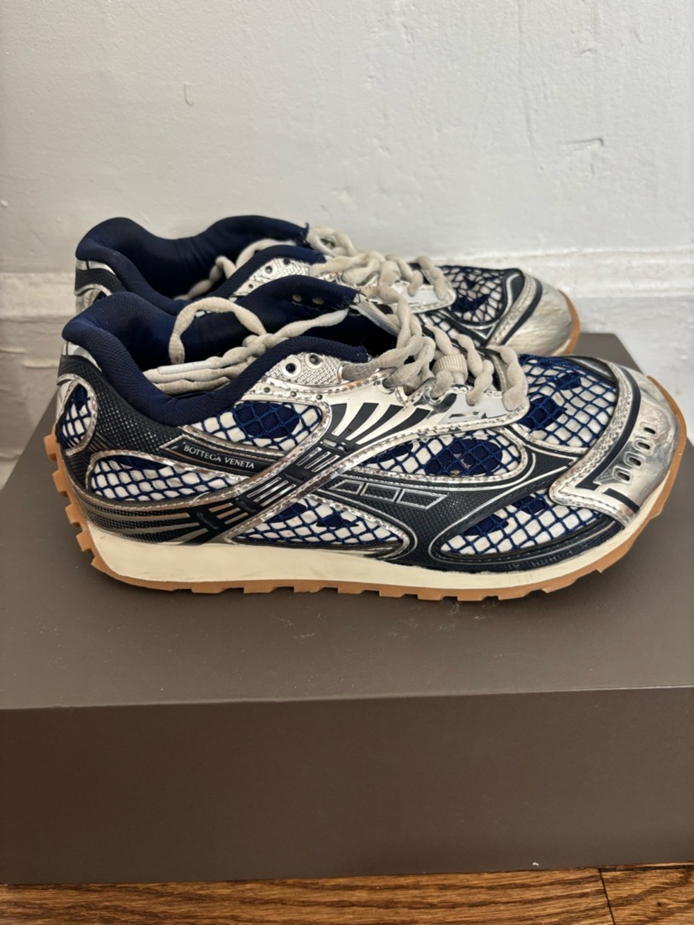 Bottega Veneta Navy White Silver Mesh Runner Sneakers - Picture 3 of 3